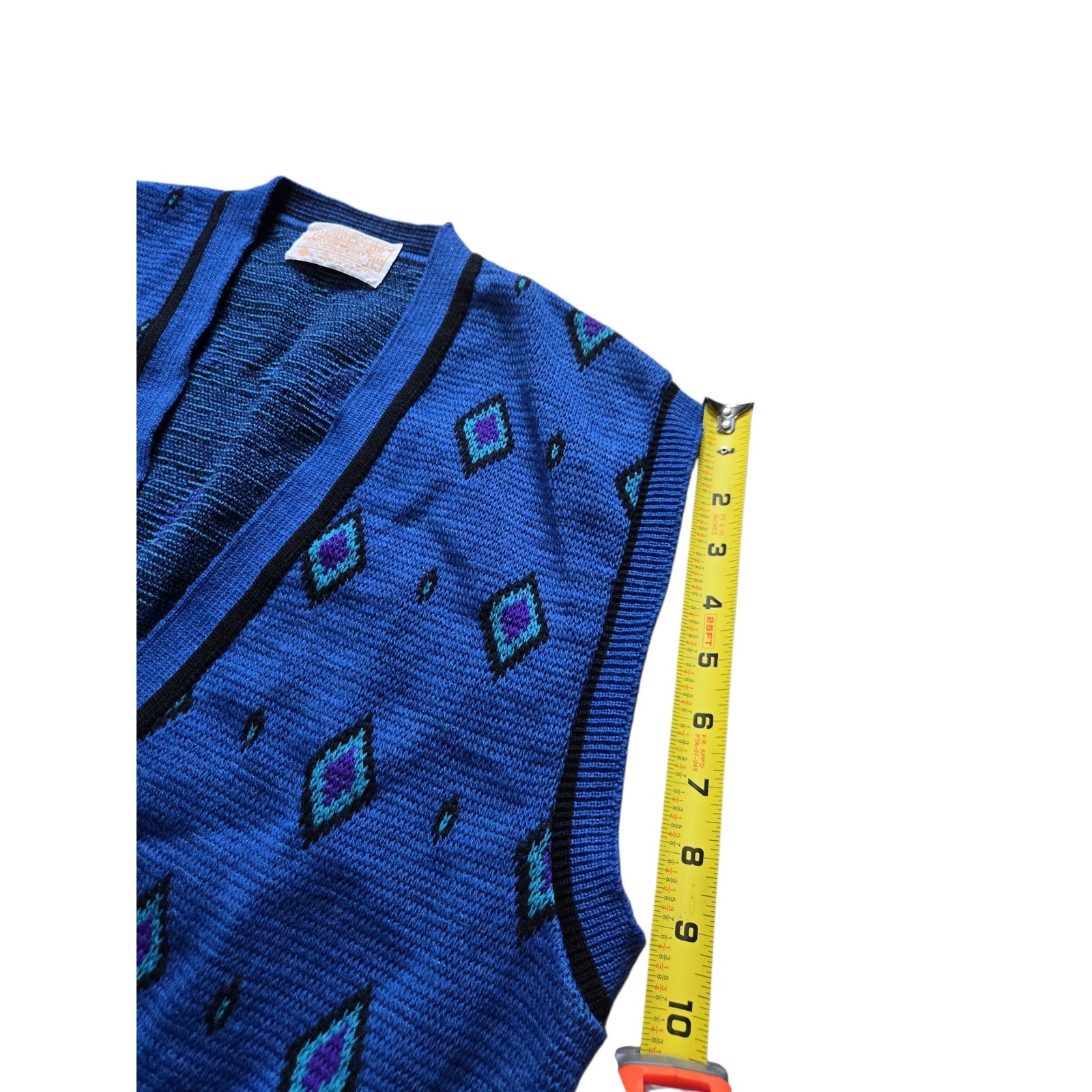 Vintage Pendleton Wool Knit Vest Blue Geometric Diamond Button Front Large USA