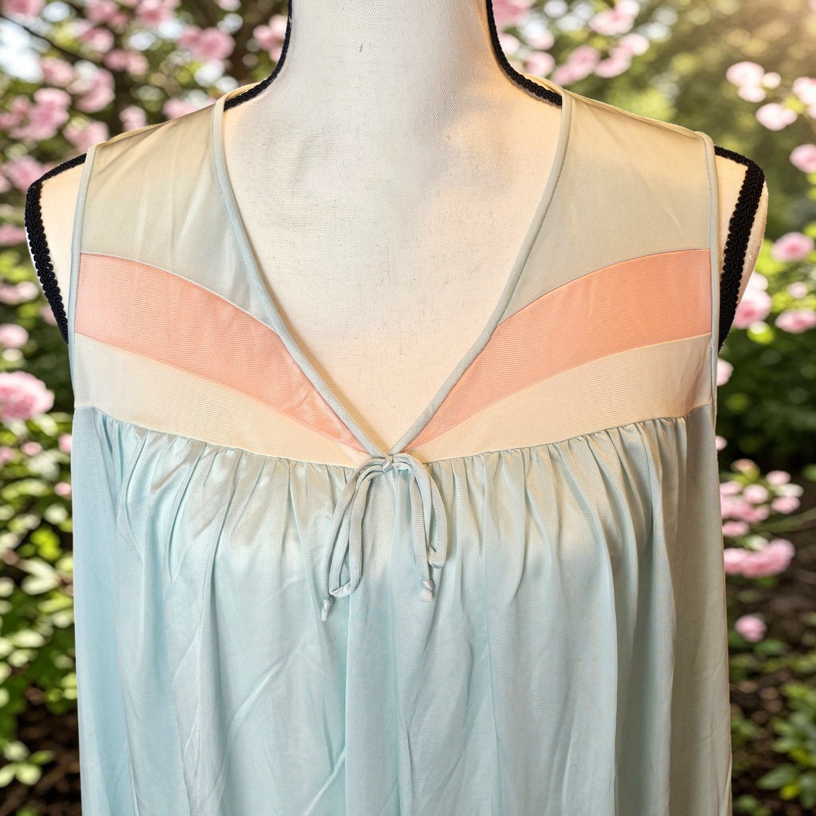 VTG Lorraine Nightgown MD Mint Seafoam Peach Color Block Sleeveless Nylon Sheer