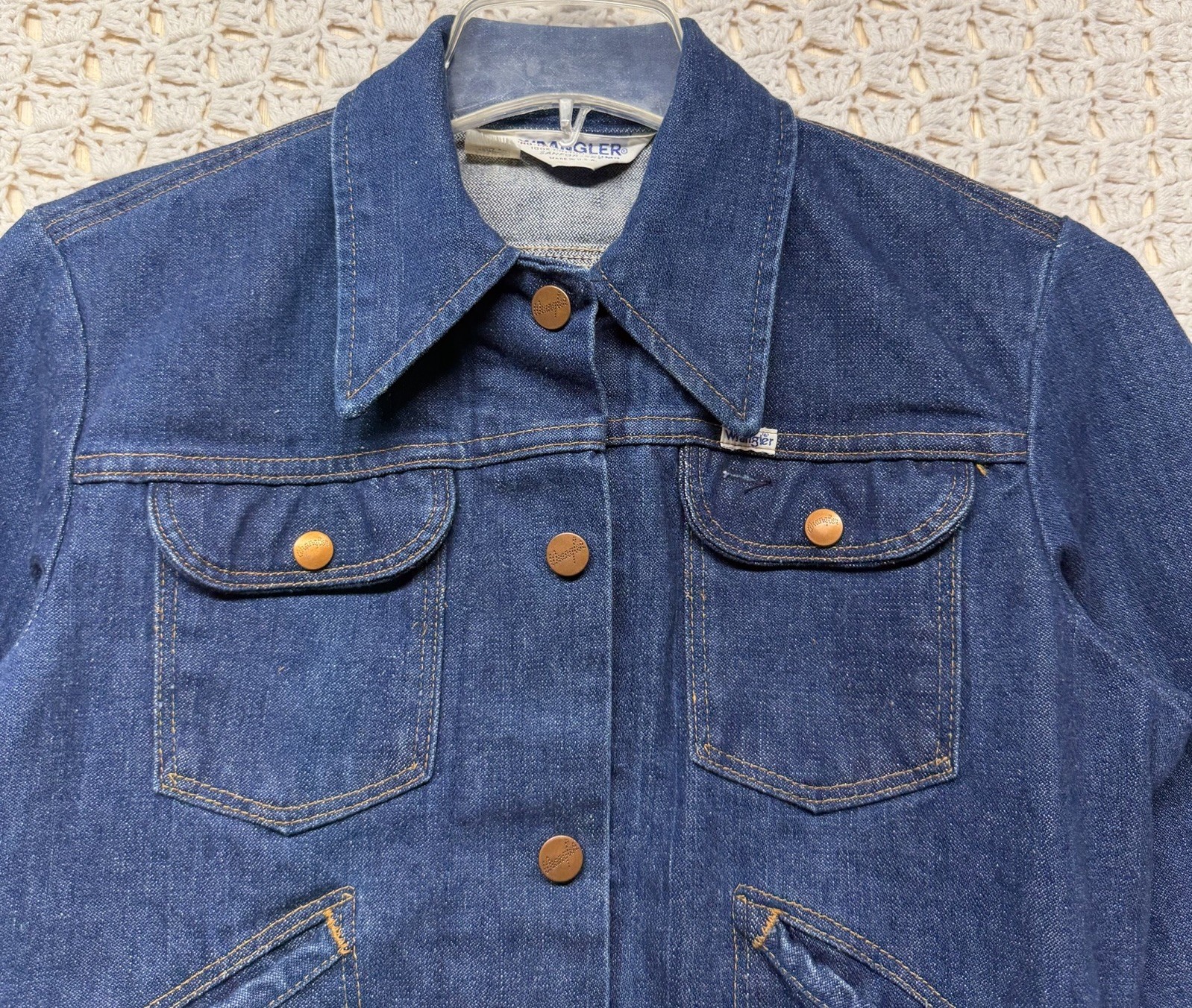 Vtg 70s Wrangler Jean Jacket Women Sz 38 M Blue Denim Western Cowboys USA Made