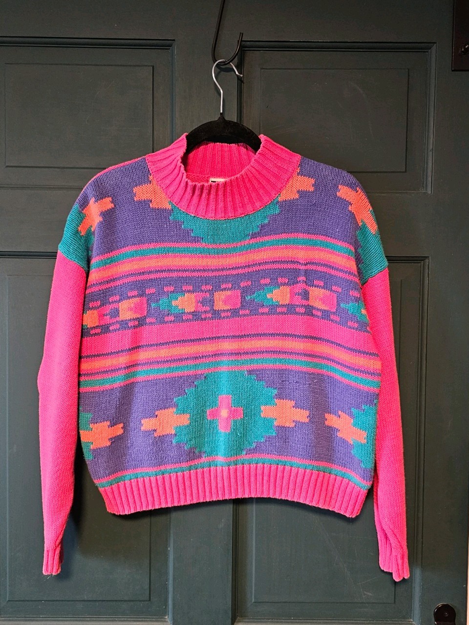 Vintage 80s 90s Nuovo Southwestern Aztec Sweater M Pink Purple Geometric Tribal