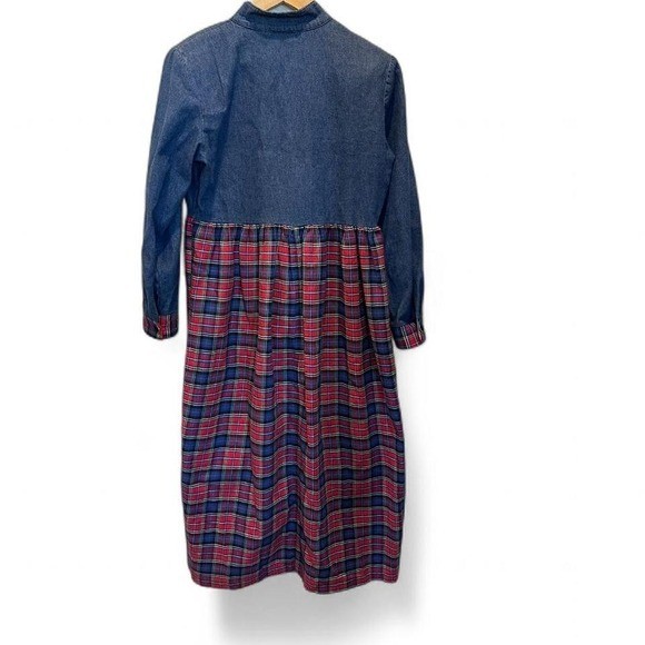 Vintage Alexandra Lee Denim & Plaid Prairie Dress Cottagecore Midi USA Size 6