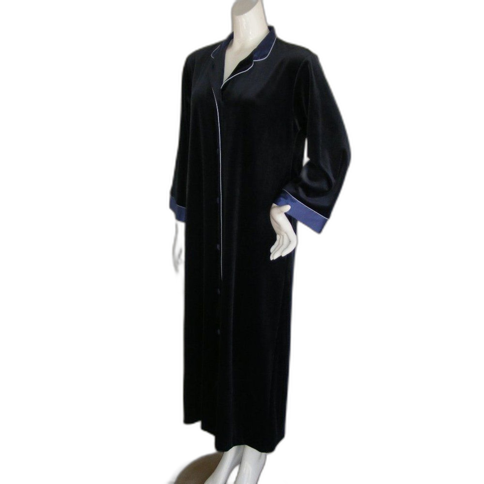 HALSTON Robe, M, Dark Blue, Velour/Satin, Vintage, Long sleeve, button front,