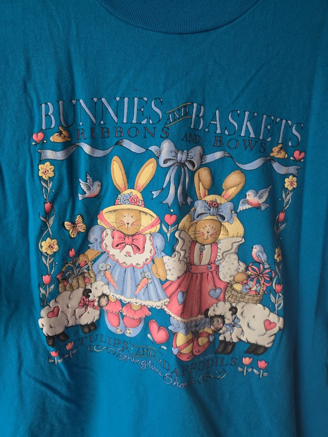 VTG Bunnies & Baskets, Ribbons & Bows Tulips & Daffodils Spring T-Shirt Sz XL