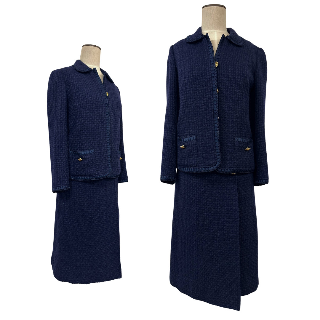 Vintage 1960s Saks Fifth Avenue Navy Blue Bouclé Wool Two Piece Skirt Suit Set