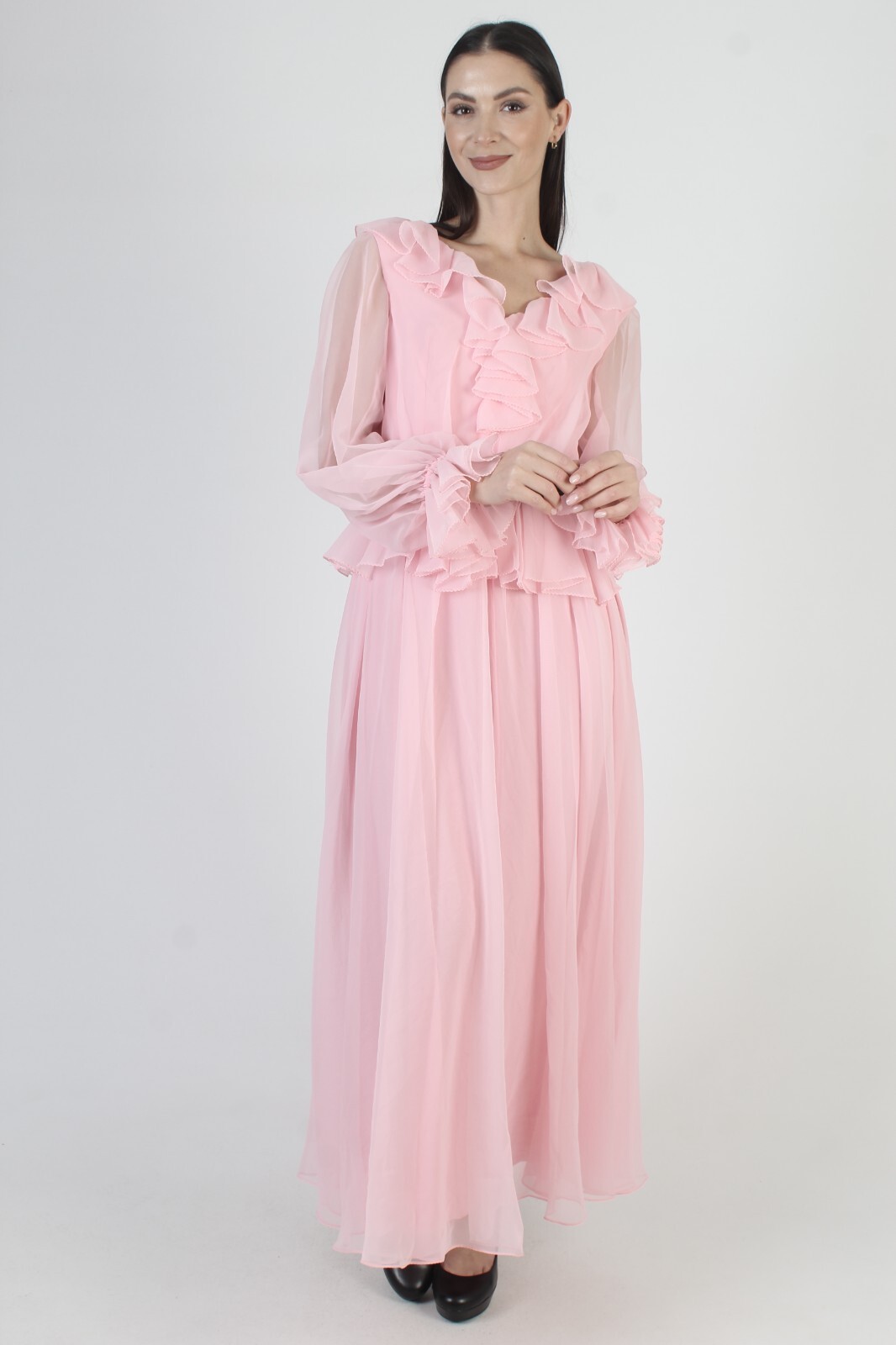 Vintage Cotton Candy Pink Chiffon Dress Sheer Slv Ruffle Party Peplum Maxi Gown
