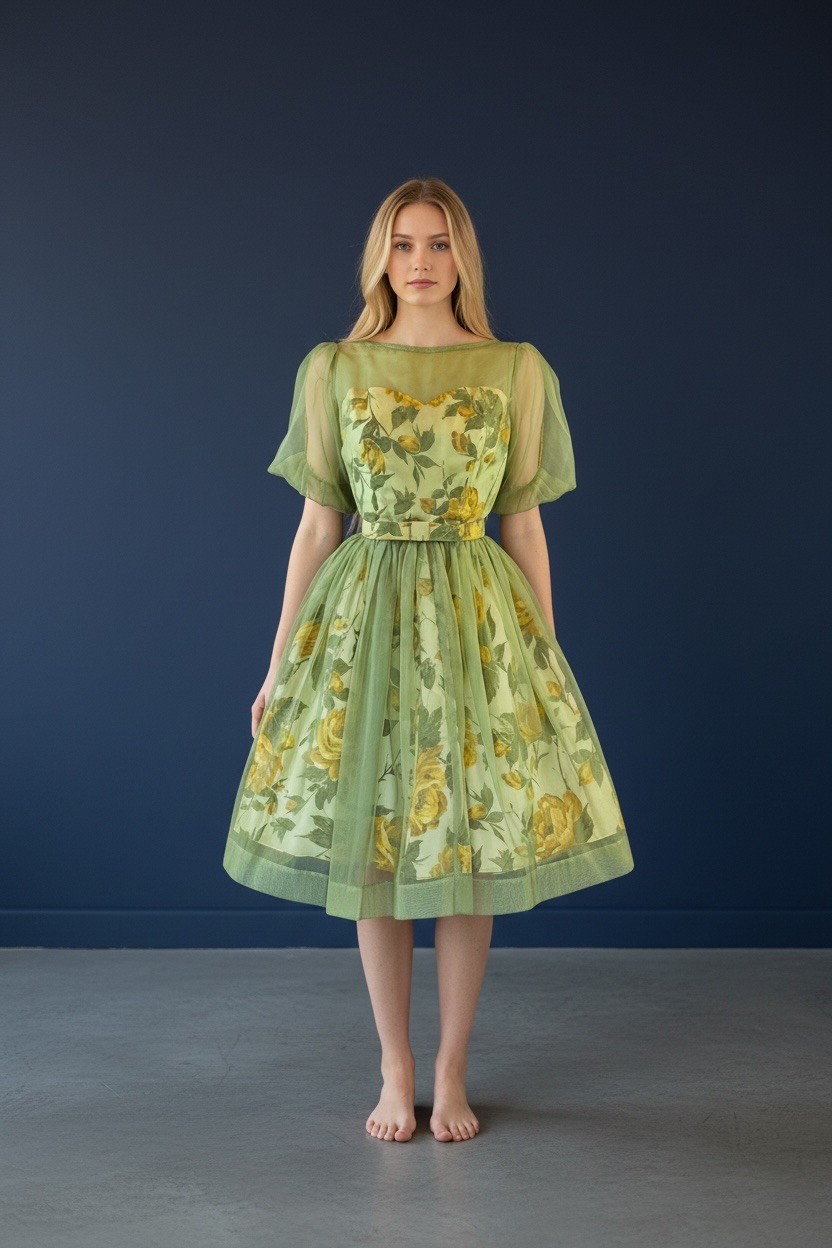 1950s Joyce Palmer Romantic Rose Floral Illusion Dress S