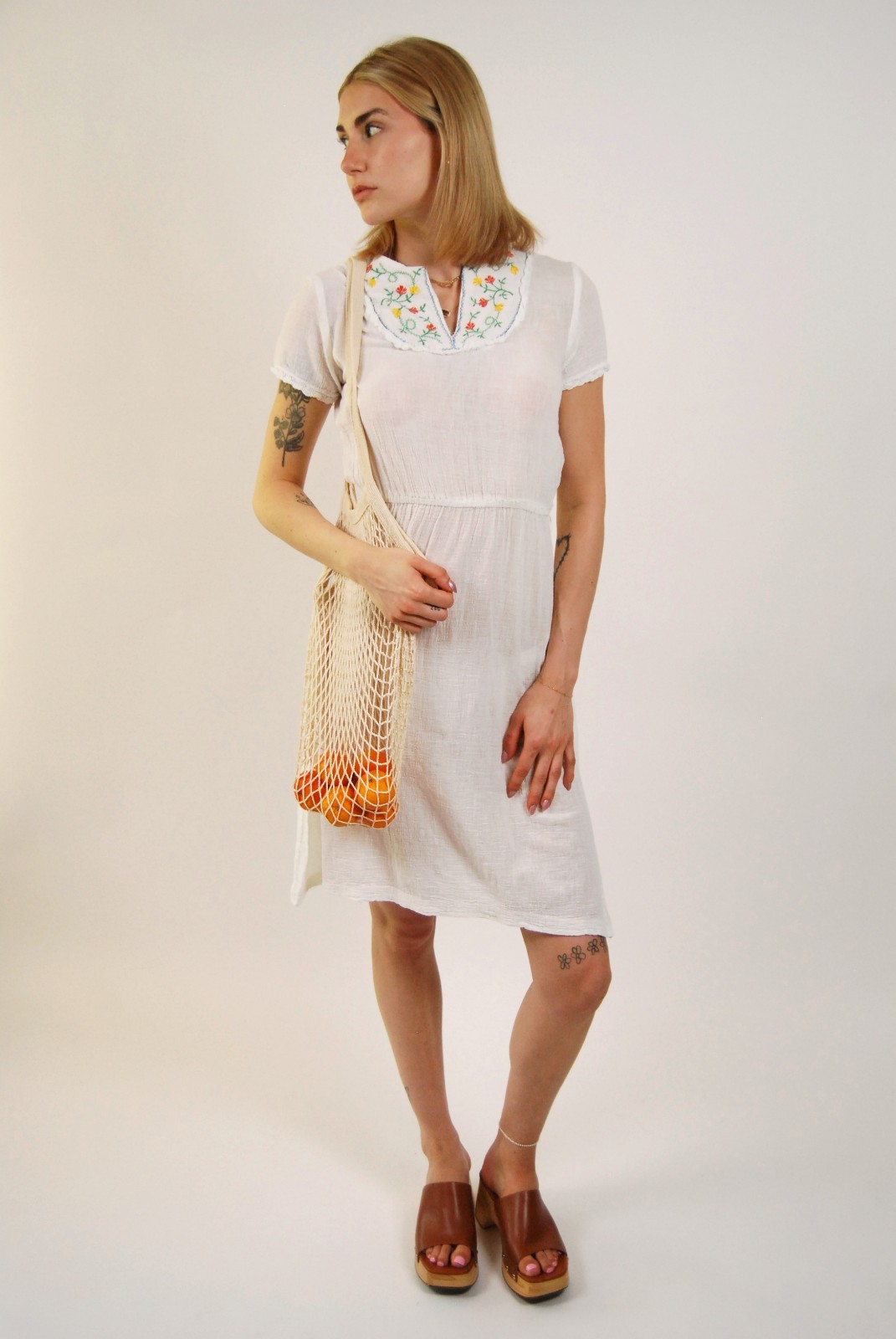 70s Embroidered Dress (S) white gauze midi small vintage folk mexican hippy boho