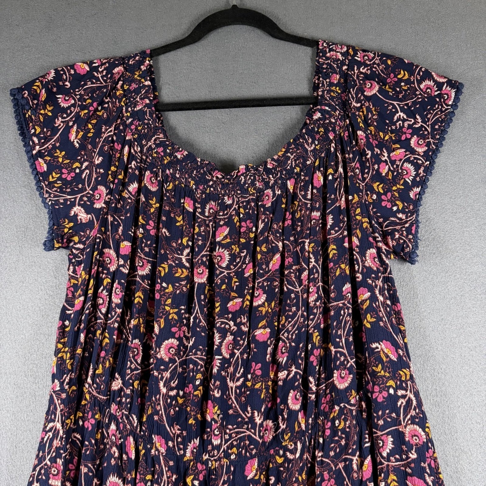 Old Navy Dress Womens XXL Blue Floral Boho Smocked Maxi Short Sleeve Tiered