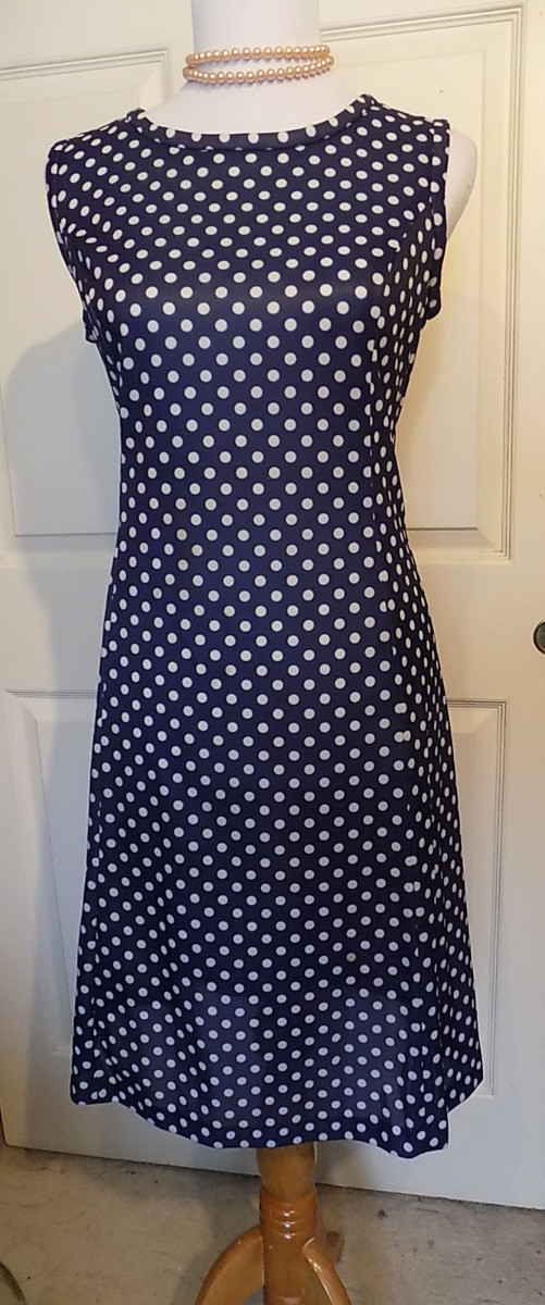 Vintage Navy Blue Polka Dot Sleeveless Dress B36 Walden Classics 14 1/2