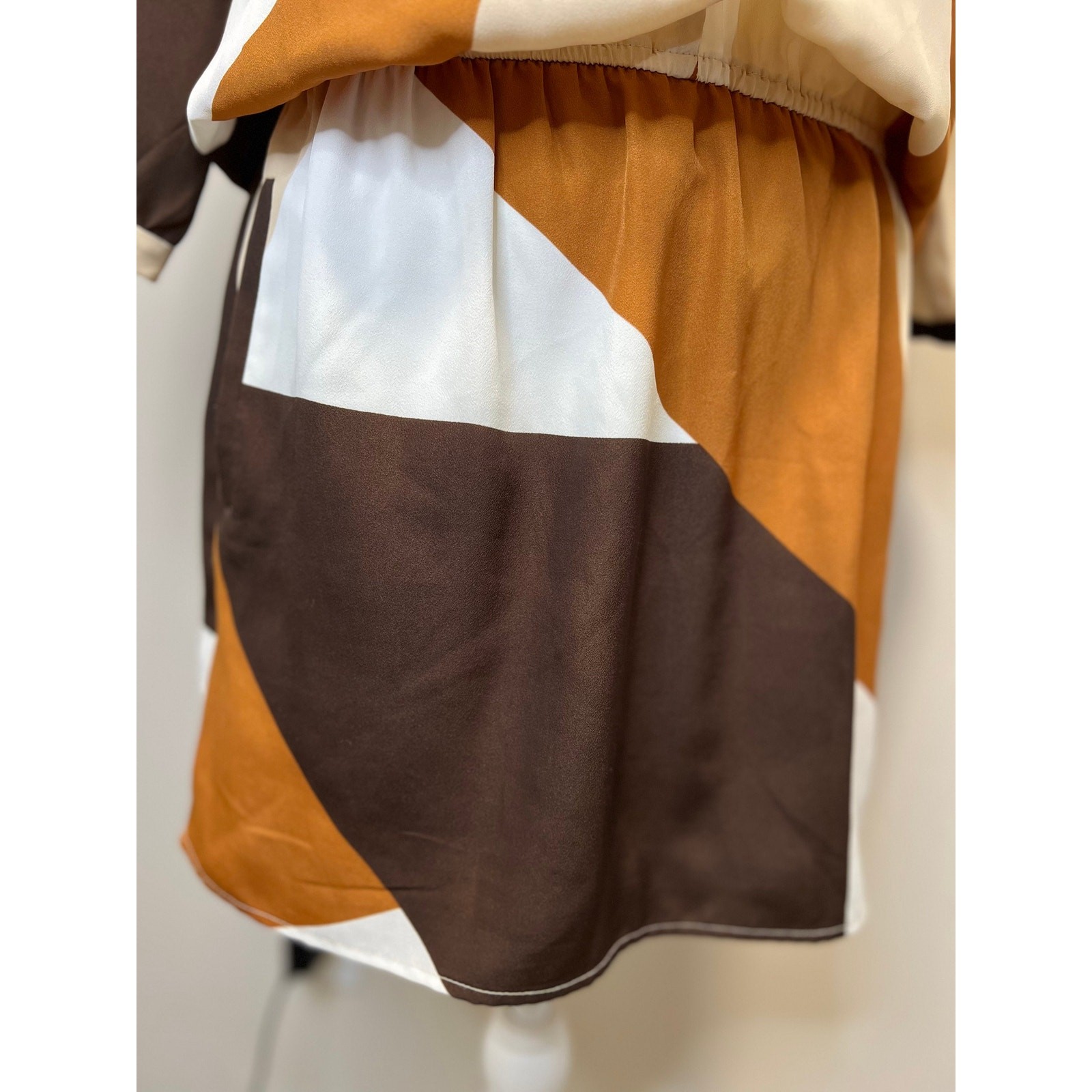 Vintage New York And Company Geometric Pleated Brown/Tan Mini Dress Size S