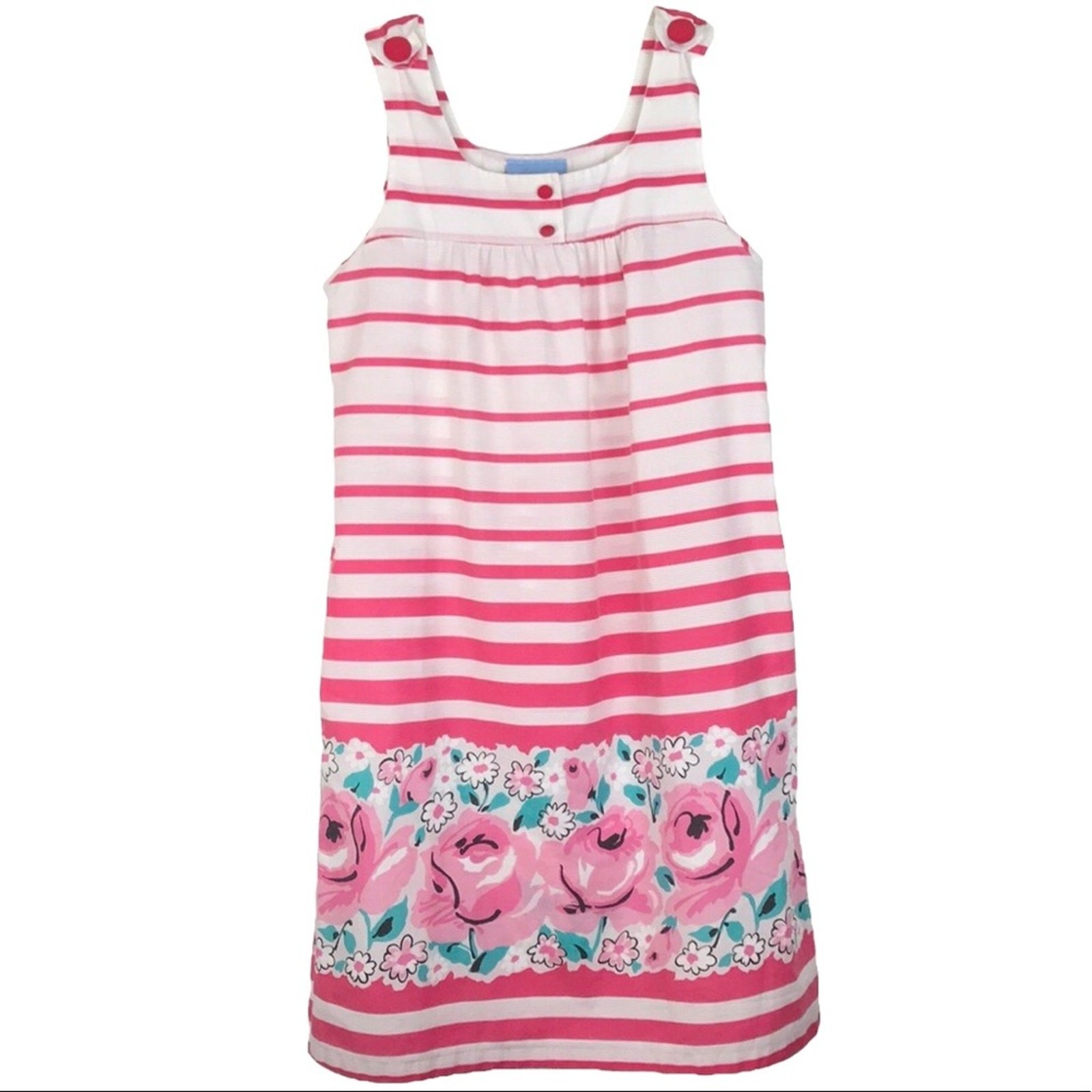 Vintage Coffee Time House Dress Sleeveless Pink Blue Floral Pockets Size Medium