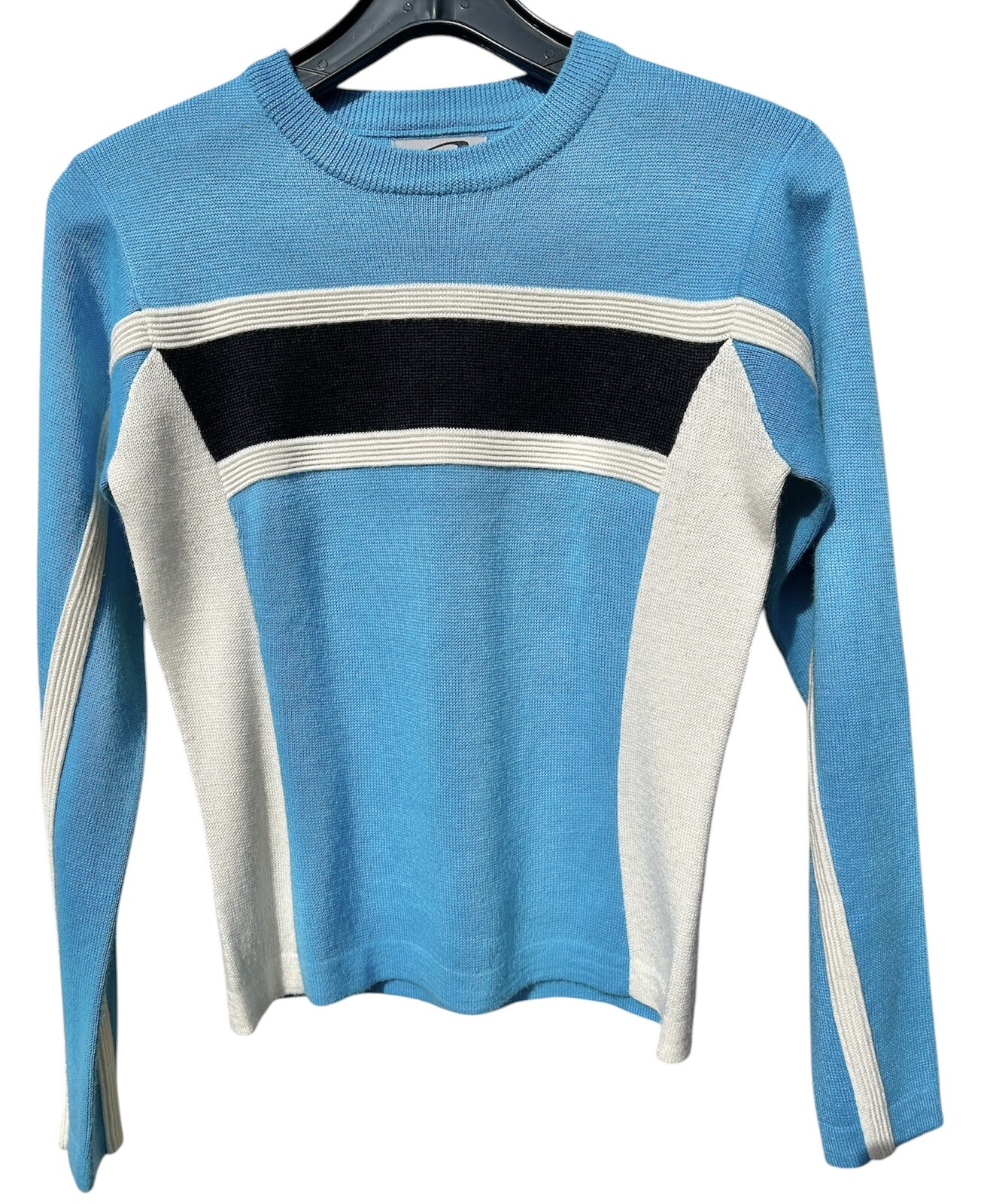 Vintage 80s OBERMEYER Stripe Fitted Wool Sweater Size S Diva Lodge Ski Snowbunny
