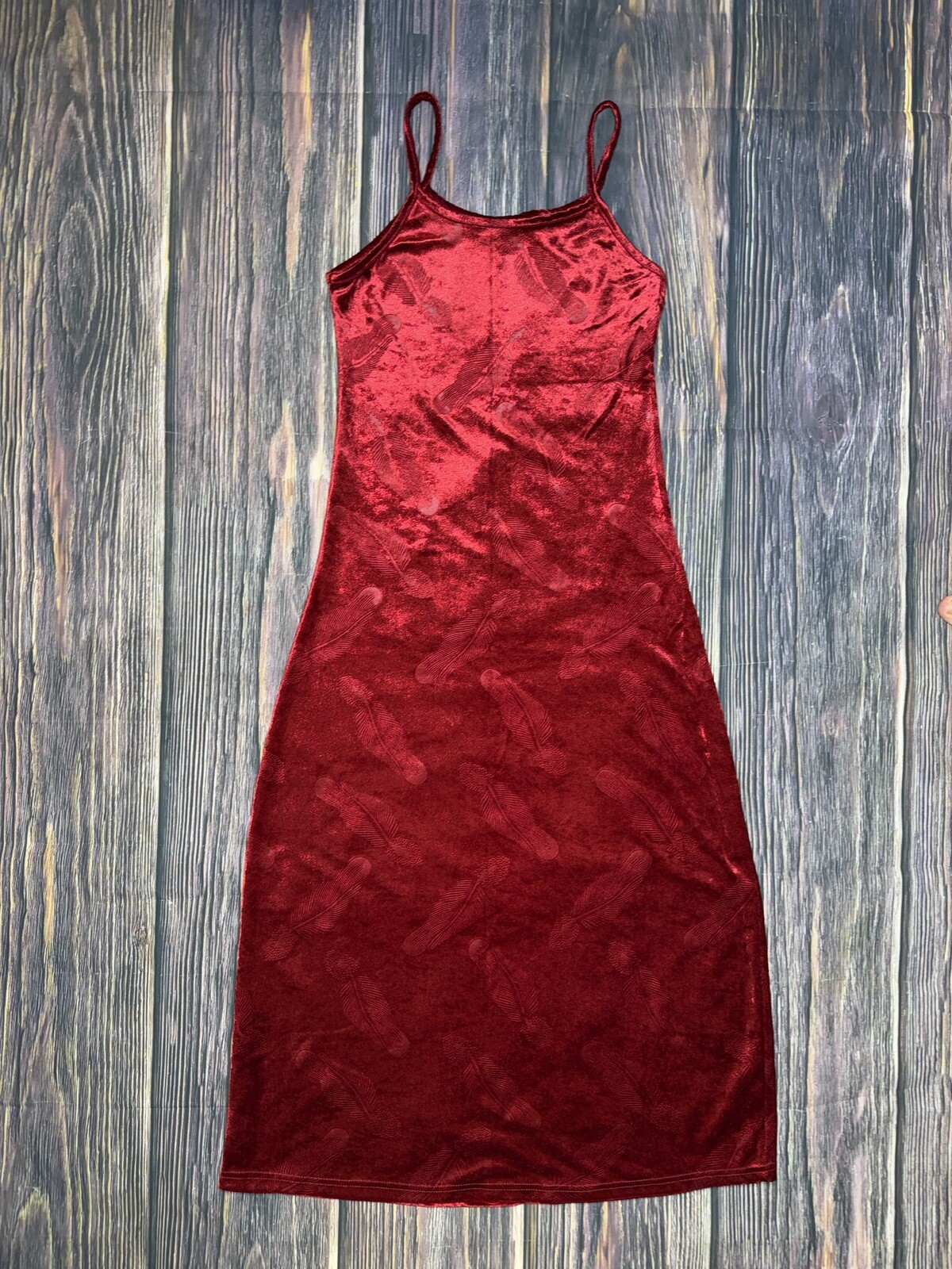 Vintage 90s Y2K Whimsy Goth Velvet Blood Red Feather Embossed Print Maxi Dress