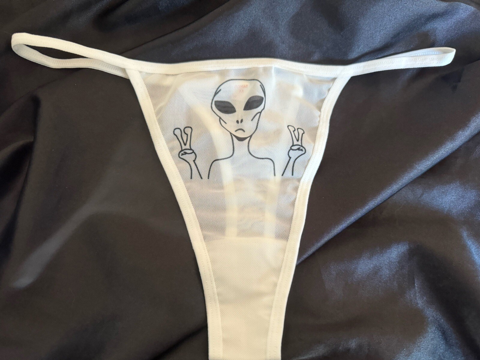 Y2K Retro Vintage Style 1990s Alien Sheer White Black Thong Panties Sz M