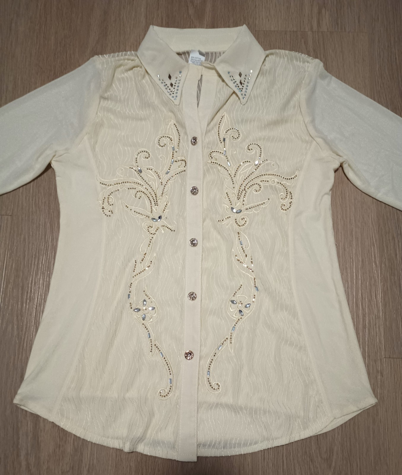 Vtg 70s Stretchy Mesh Sparkly Beaded Lemon Yellow Western Dance Country Top M