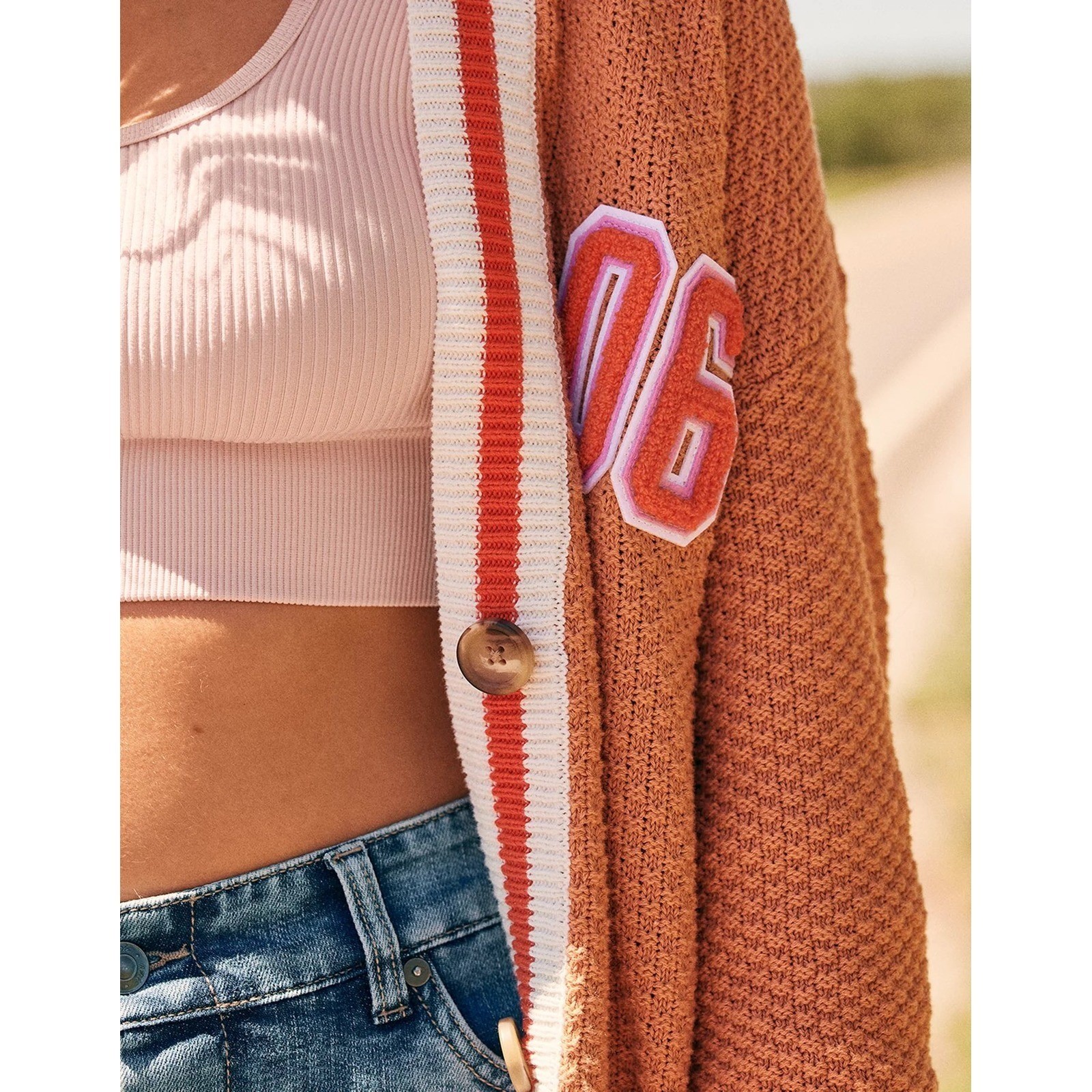 Aerie Rust Orange Knit Cardigan Varsity Style Patch XS Oversized Cotton