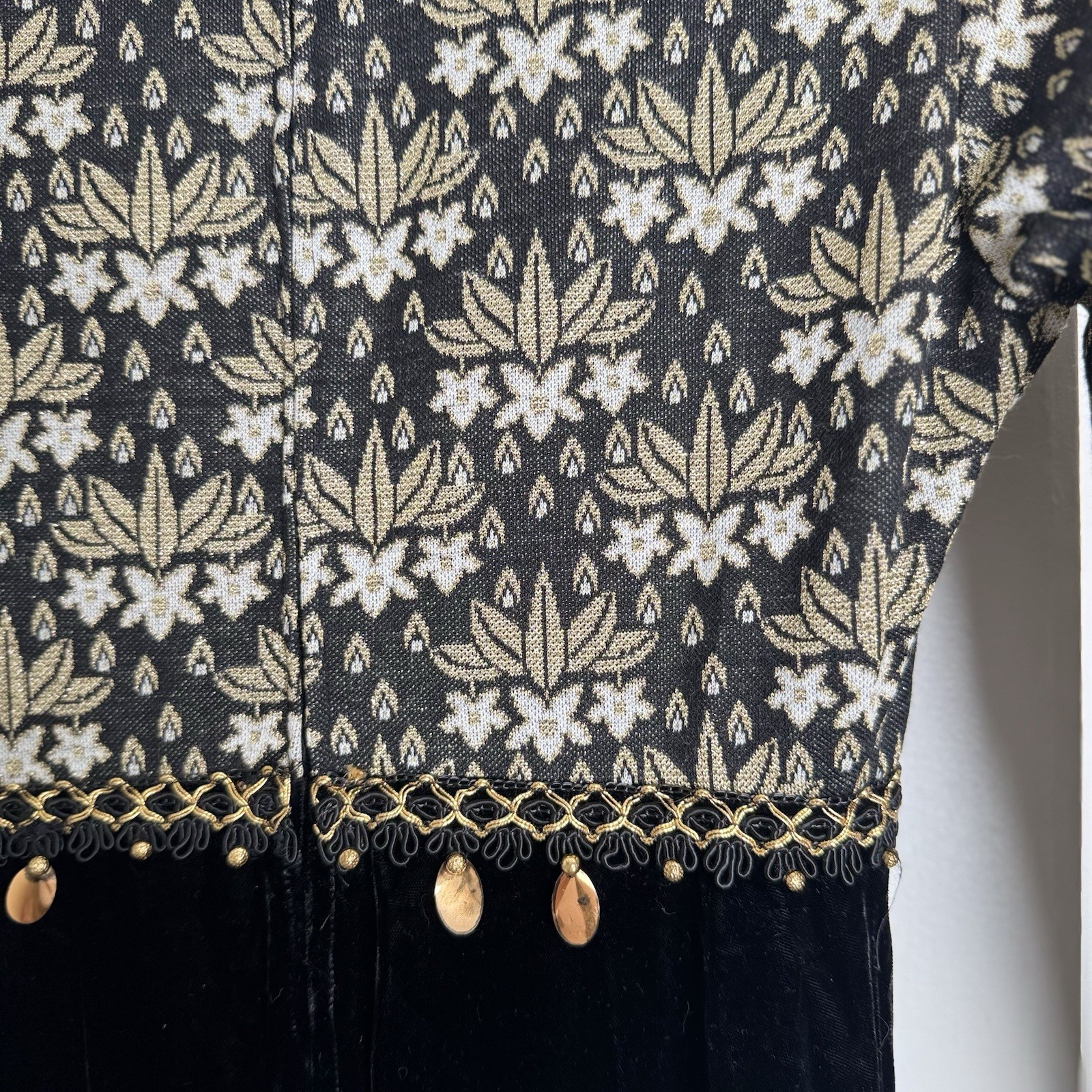 Vintage 60s Gold & Black Baroque Quilt Top & Velvet Skirt Maxi Dress XS 1960s