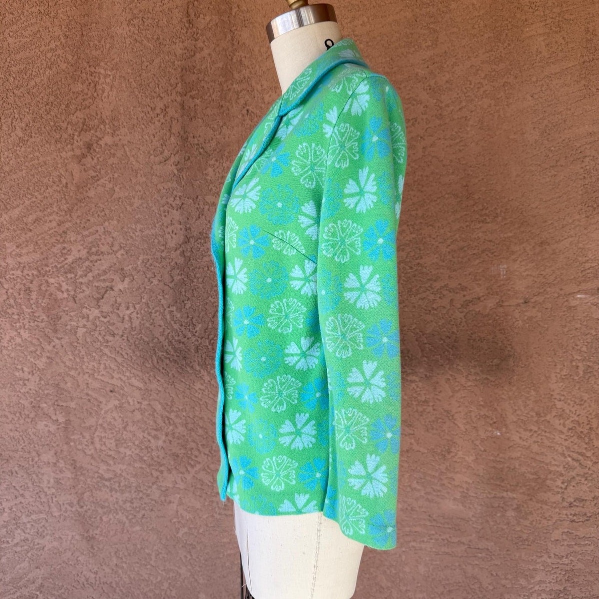 1960s Mod Floral Knit Blazer Jacket, Green Blue Orlon Double Breasted