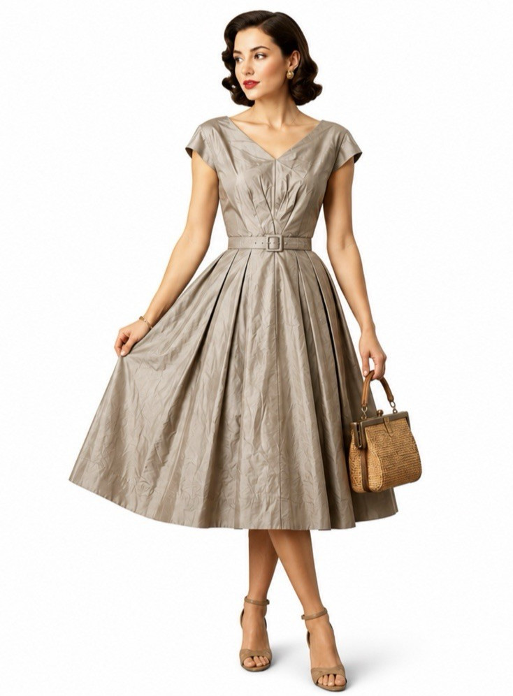vintage 50s R&K ORIGINALS dress taupe SMALL fit flare rockabilly mid century