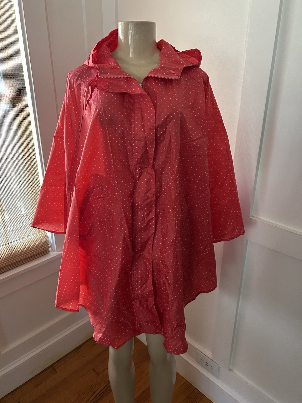 Vtg Pink White Polka Dotted Zip & Snap Hooded Rain Poncho Nylon Coat OS