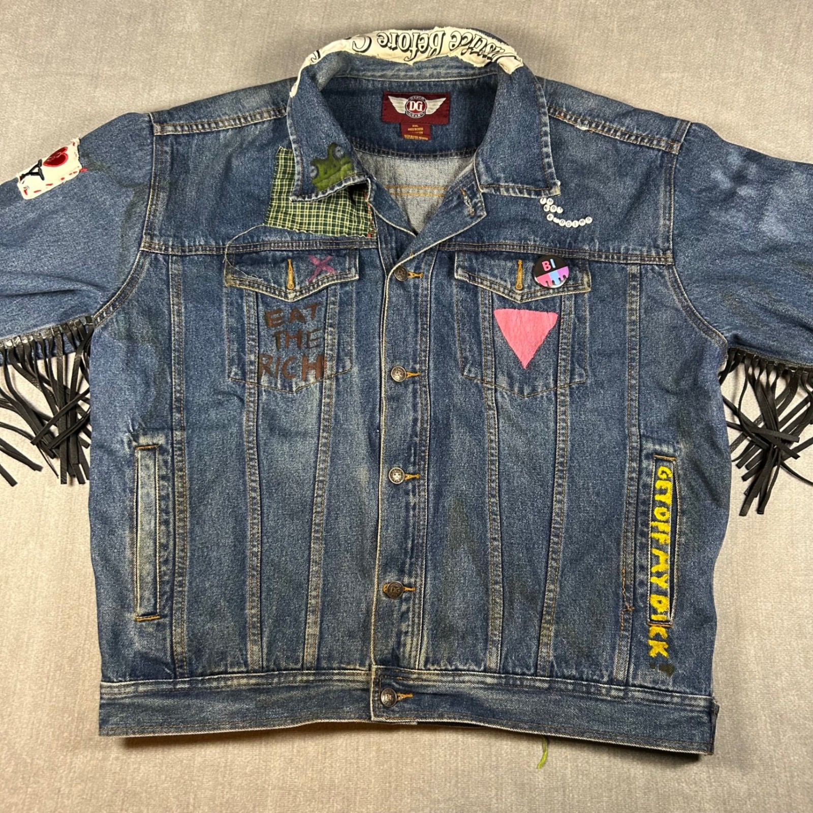 Denim Gear DIY Punk Custom Fringe Jean Jacket XXL Blue Distressed Eat The Rich