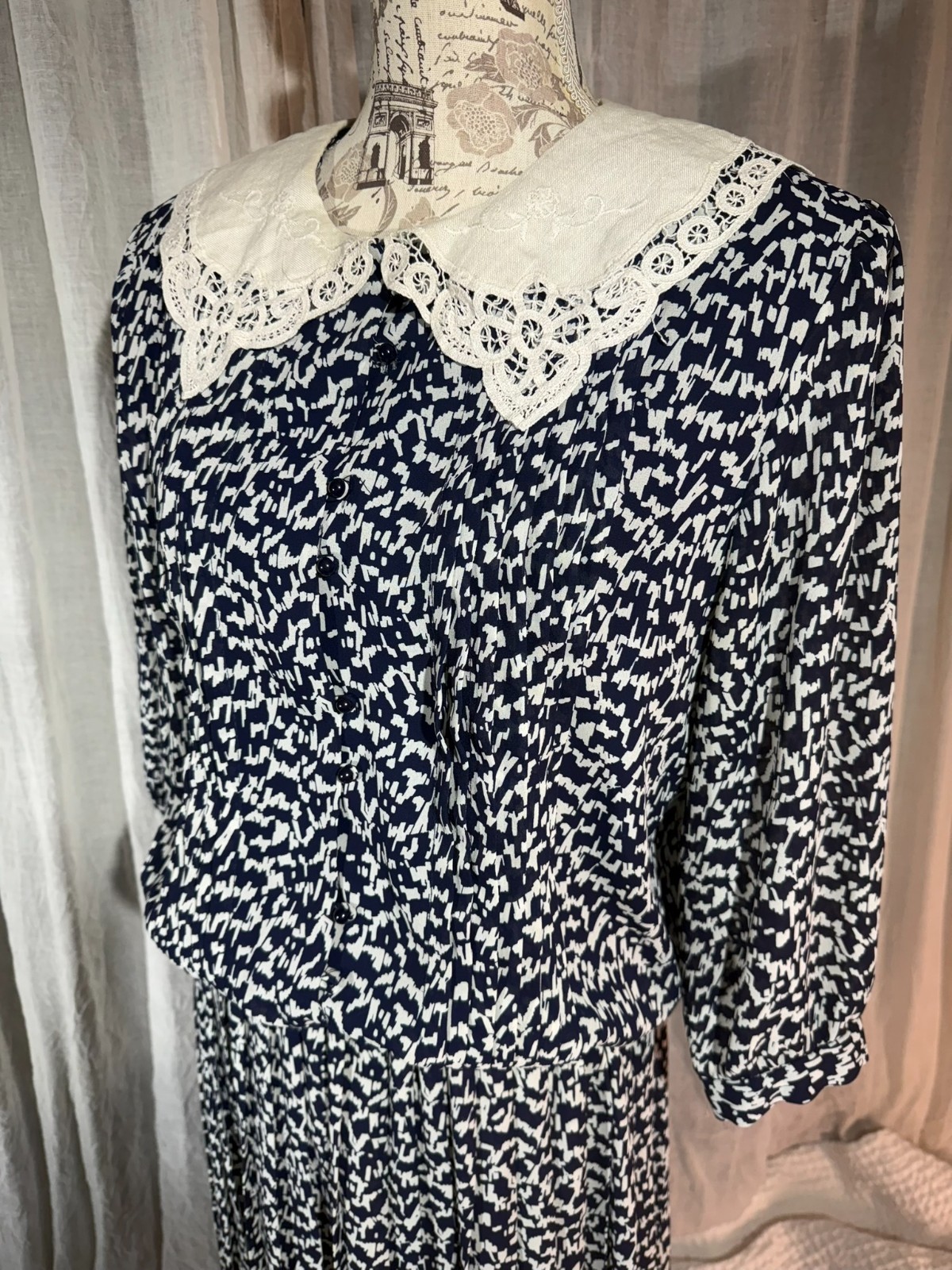 Vintage 80s Liz Roberts MIDI Shirt Dress Lace COLLAR Oversize Secretary Grandma
