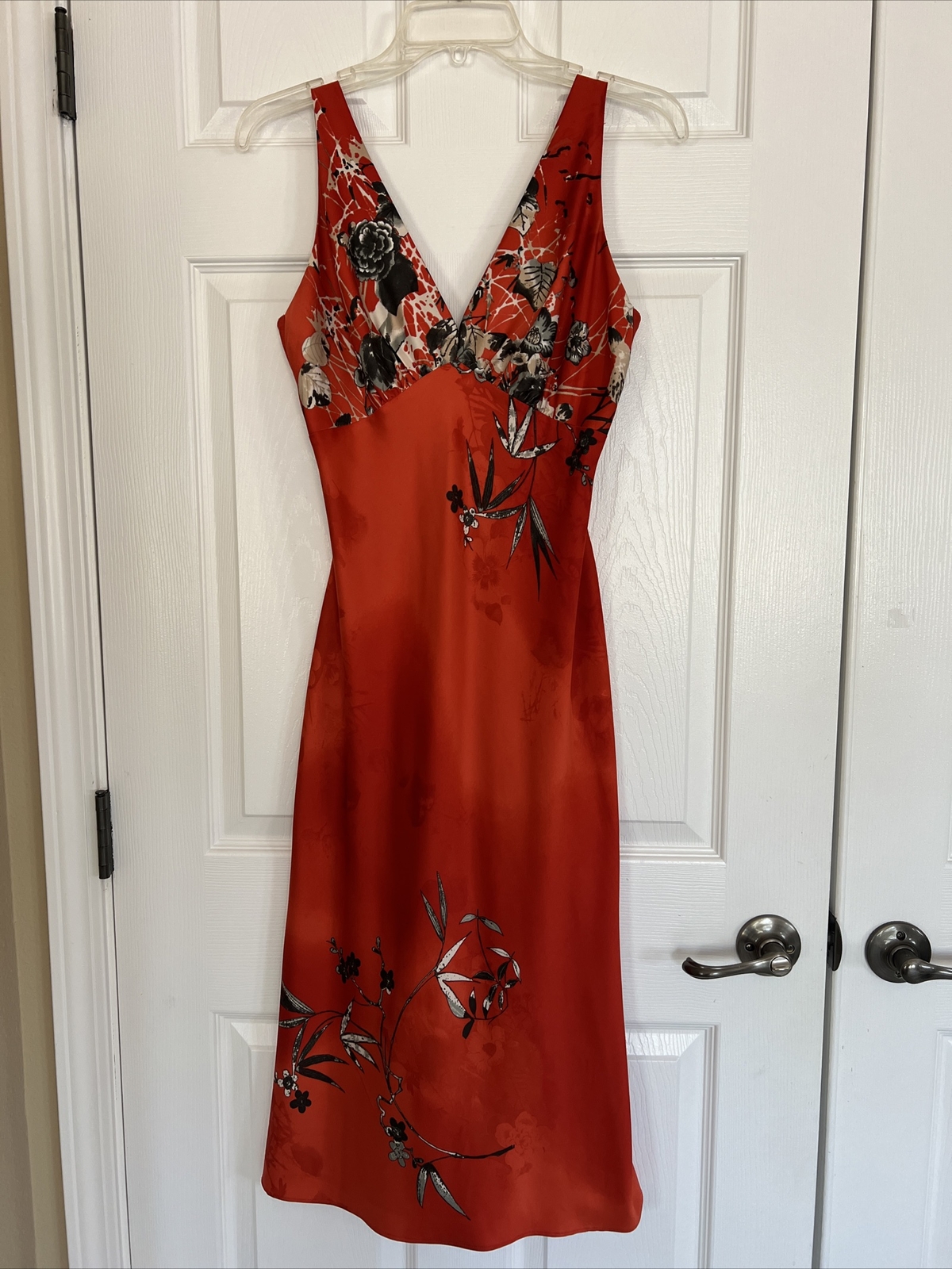 Vintage Deep V-neck Sleeveless Lingerie Inspired Floral Orange Maxi Dress S/M