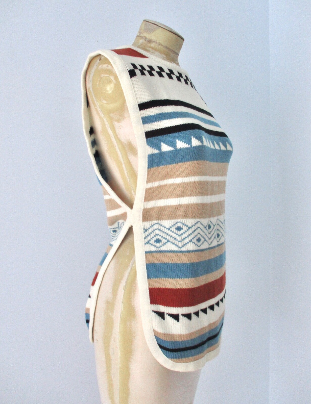 Vtg 70s Ivory 2-Pc Disco Cowl Neck Sweater Dress Blue Tribal Stripe Tunic Vest 8