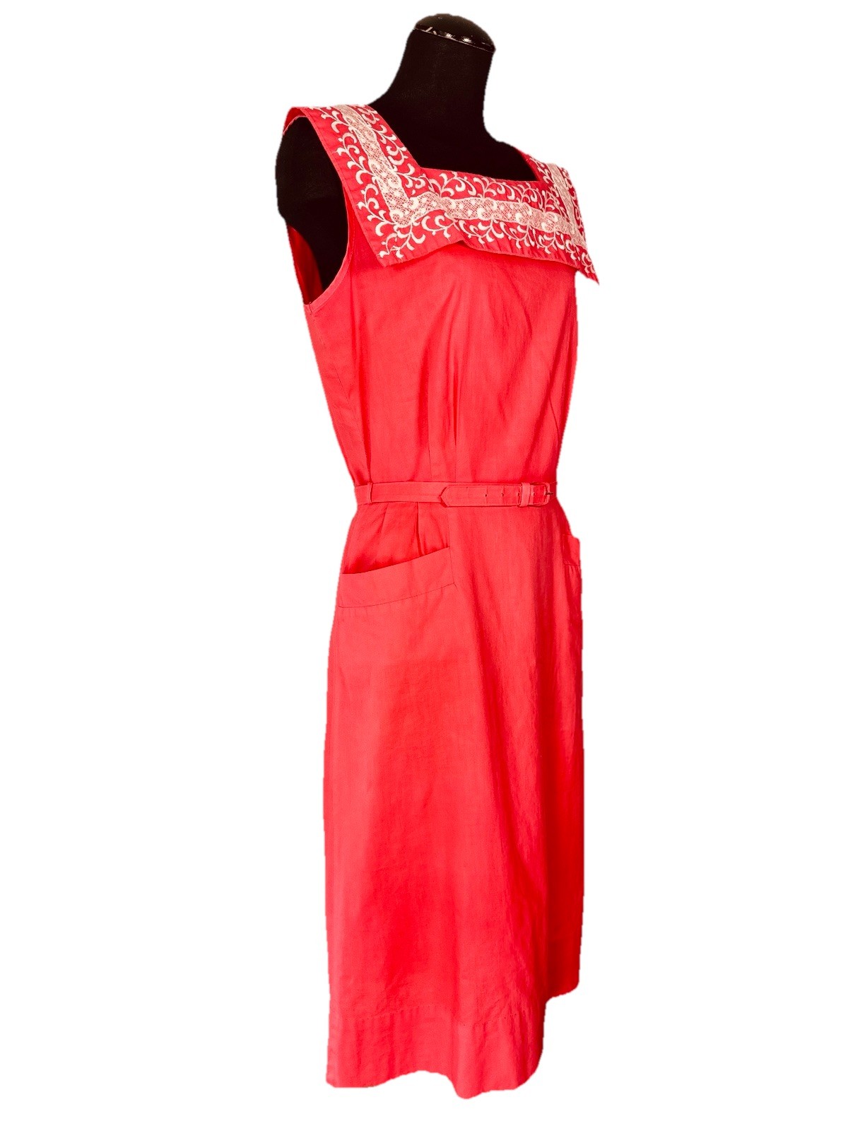 Vintage 50s Coral Fit & Flare Day Dress Embroidered Square Collar Pat Perkins