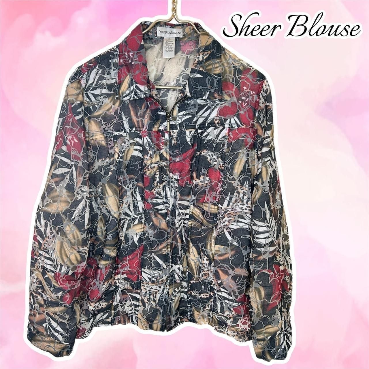 Draper’s & Damon’s Vintage 80s Partial Sheer Tropical Zip Blouse