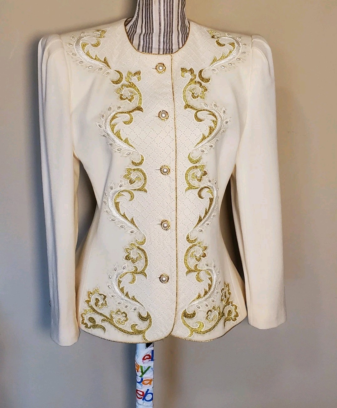 Nolan Miller Vtg 80s Jacket Cream Retro Sequence Embroidered Embellished Sz 8