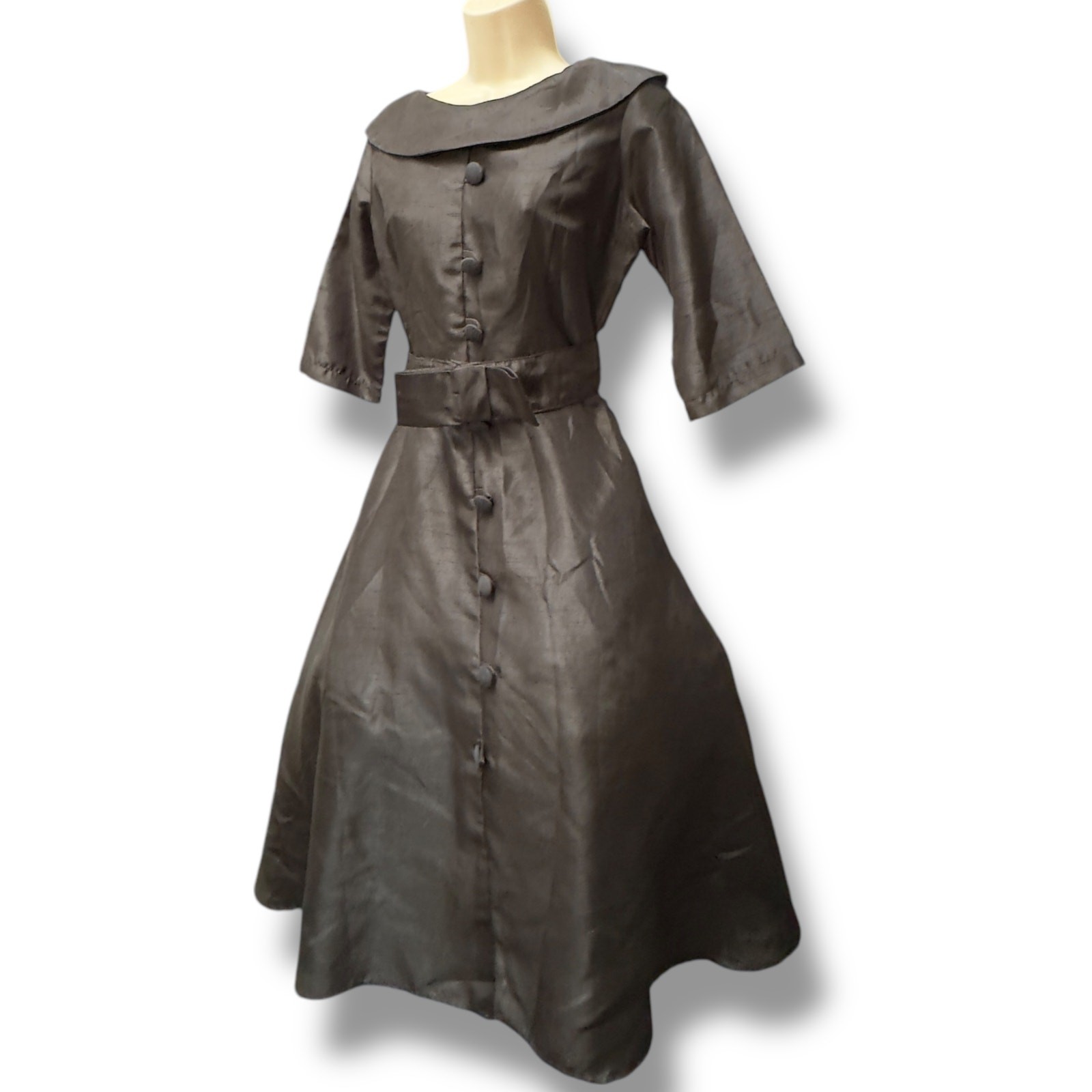 1950’s Black Silk Organza Cocktail Party Dress w Bow Belt Fit and Flare Vintage