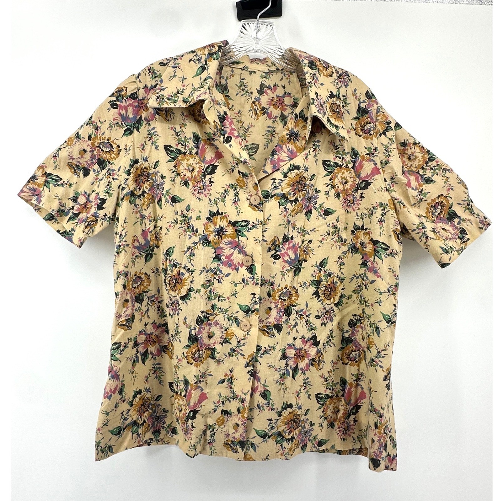Vintage Floral Button Up Blouse Short Sleeve Beige Pink Cottagecore Top No Tag