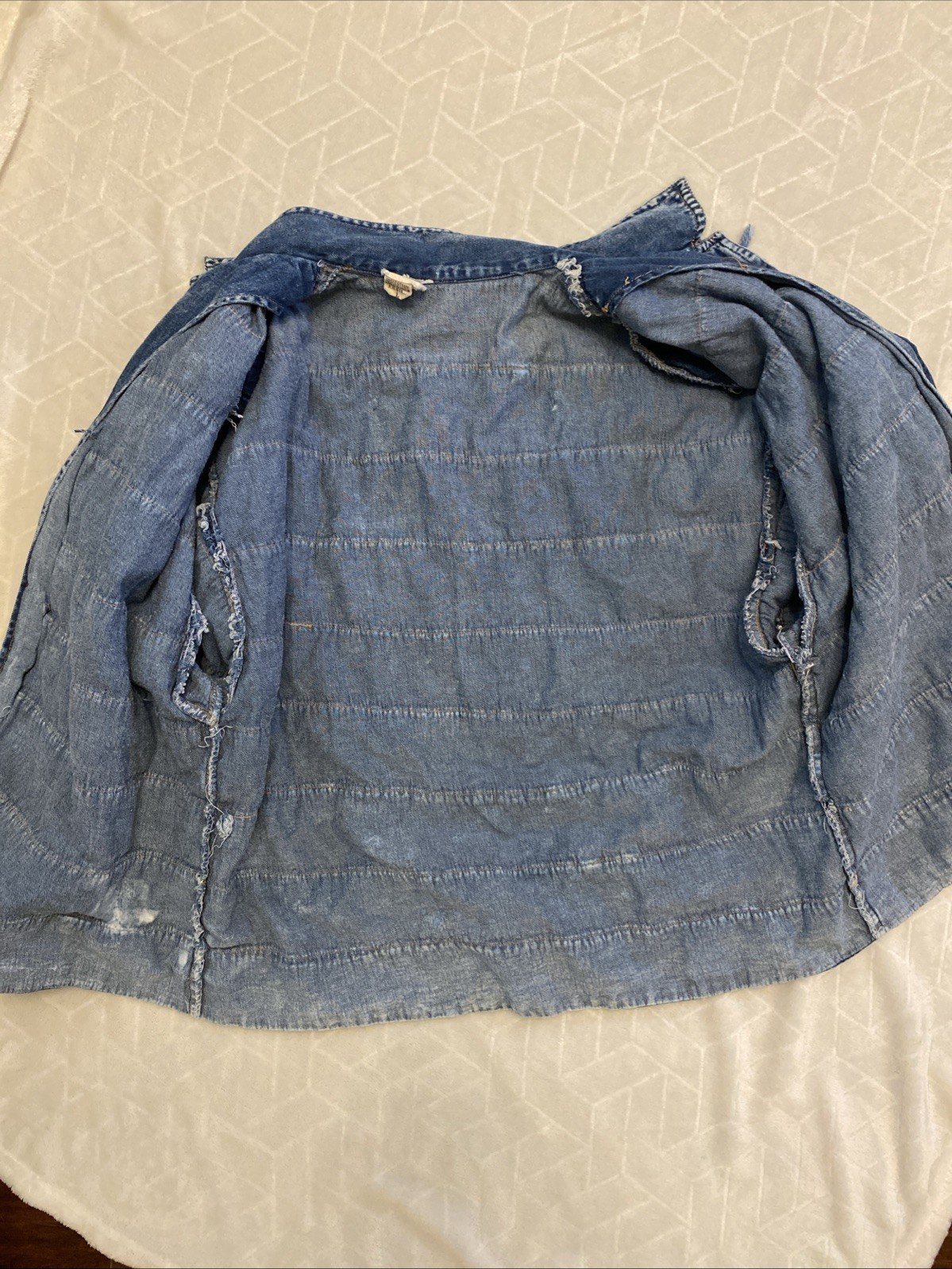 VTG Style Frayed Shaggy Fringe Denim Shacket L Brass Tone Buttons Boho Western