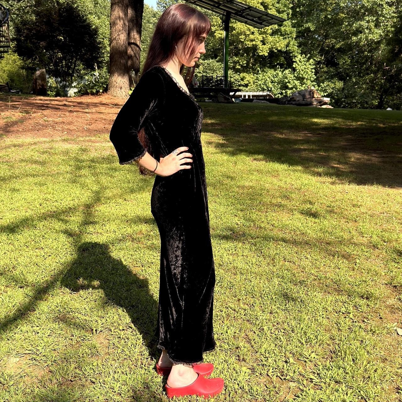 90s crushed black velvet maxi dress w/ mesh lace trim & long sleeve