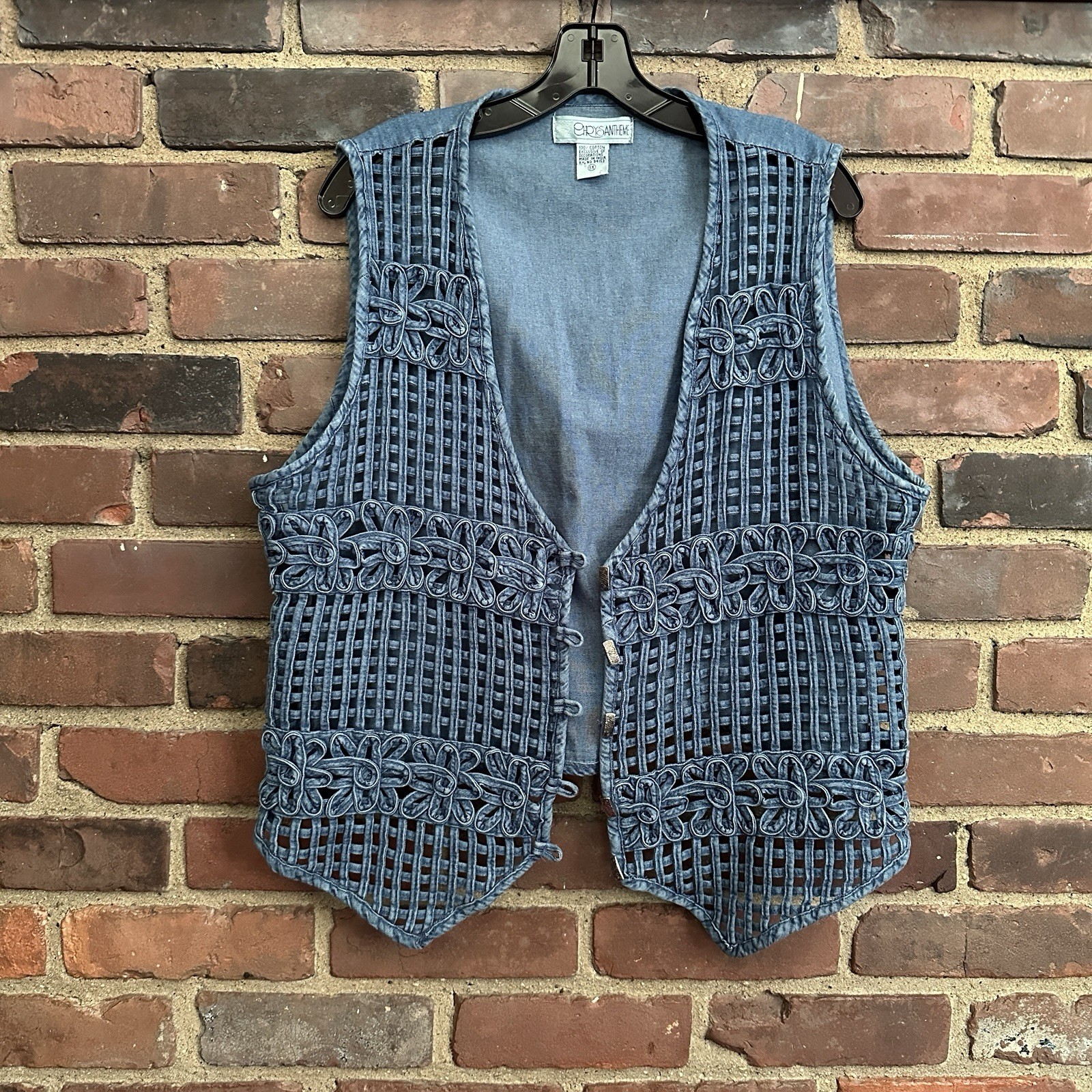 vtg CHRYSANTHEME lace weave denim cotton vest 1X -21.5” Long / 23.5” Long