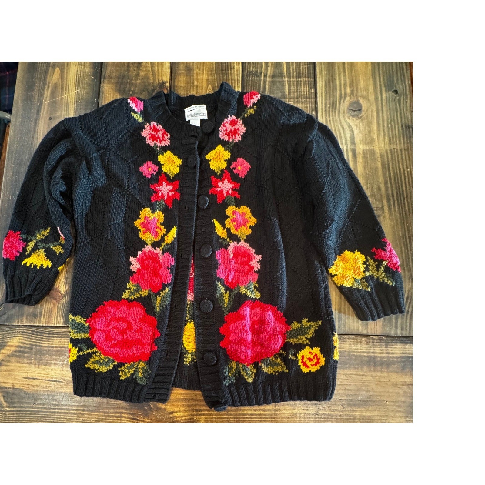 Vintage Lydia Jane Floral Sweater Women M Cotton Blend Button Front Cottagecore