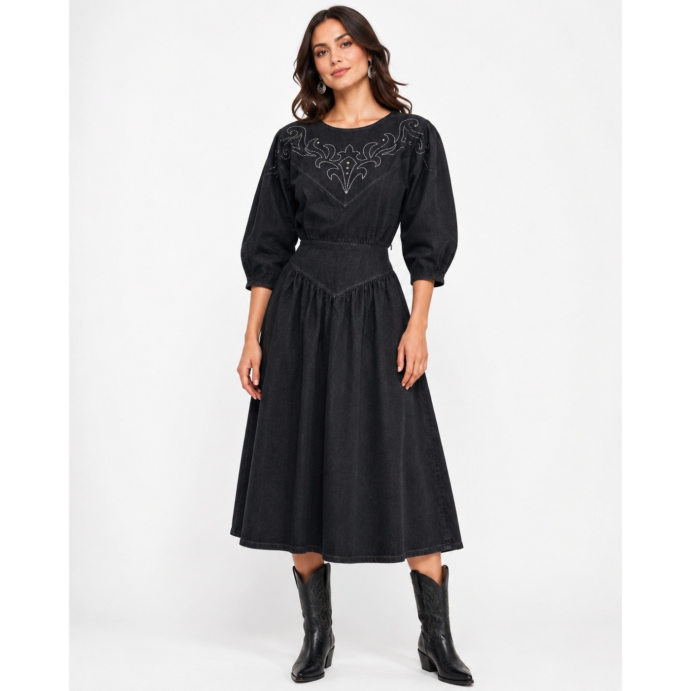 Vintage PG Collections Ginger Bort Black Denim Western Midi Dress Size 10