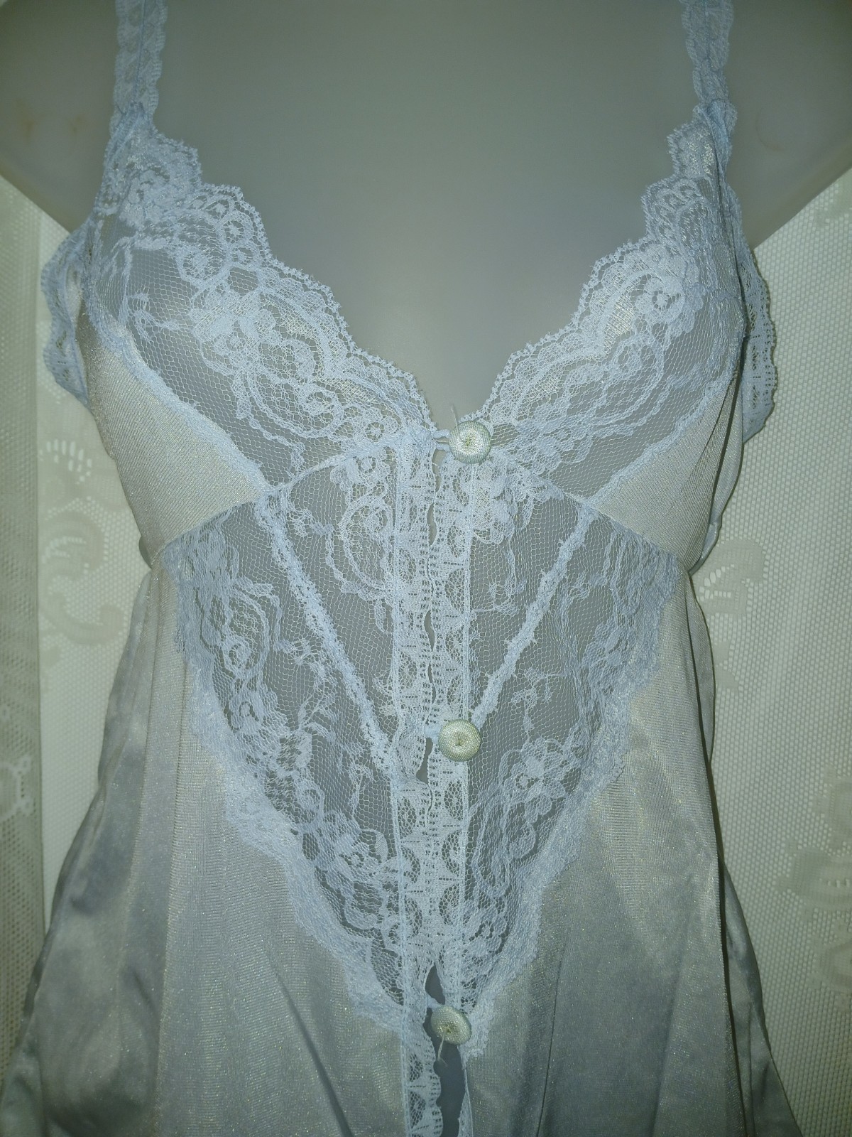 Vintage 70s Blue Sheer Chiffon Nylon Lace Nighty Peignoir Robe Lingerie Set XS