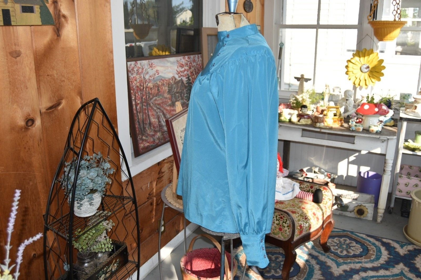 Vintage 1960s Doris Dodson Sportswear Off Center Buttons LS Blouse Aqua Size XL
