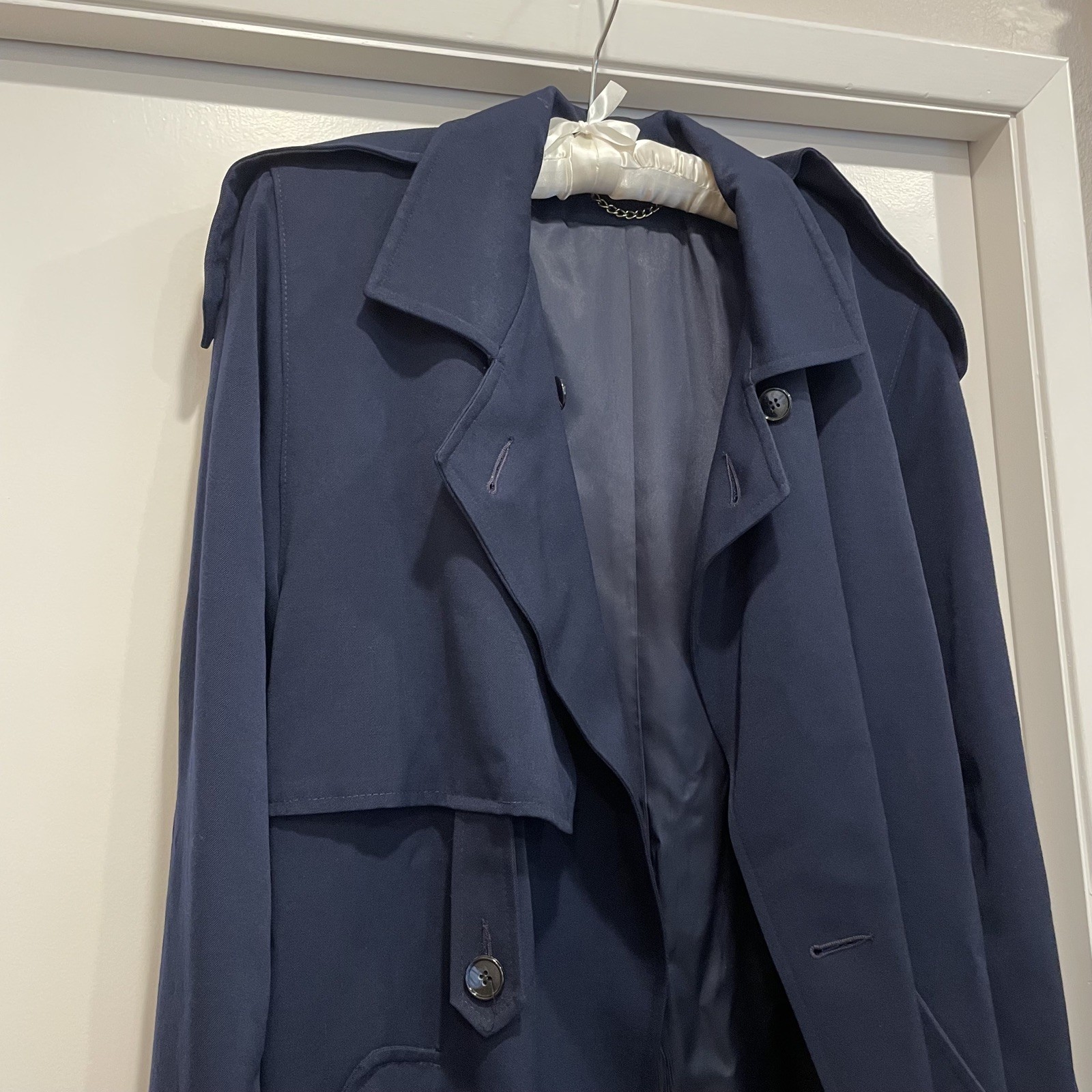 Vtg 90s Woman’s Size 14 LONG Navy 100% Wool Trench Coat Sara Roberts CLASSIC