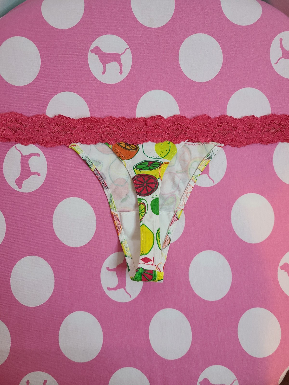Rare VTG Victoria’s Secret PINK Lace Waist Cotton Citrus Thong Size Lg