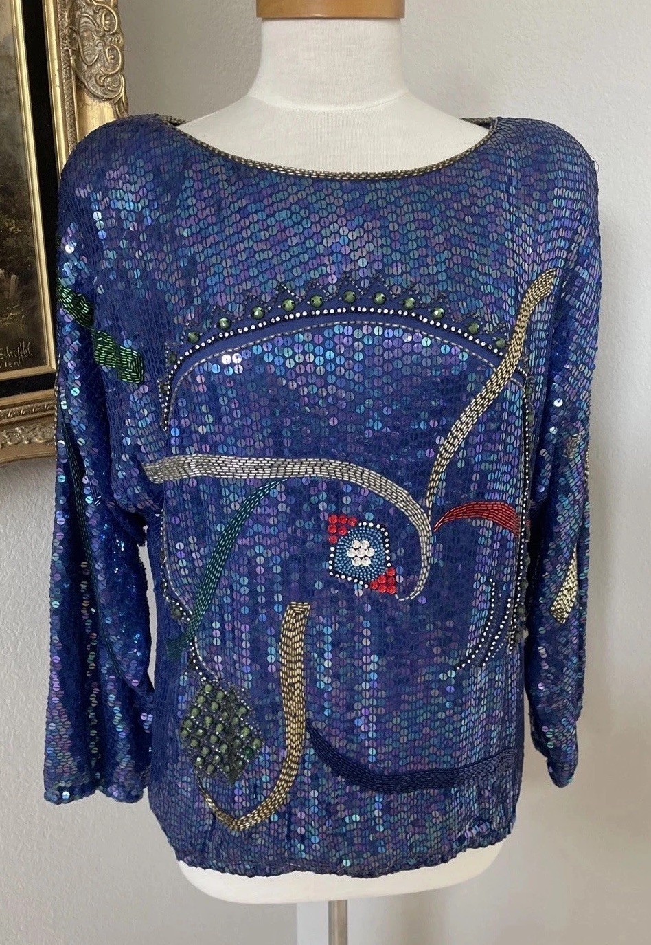 80’s Judith Ann Creations Blouse Top Sz M Silk Sequins Beads Blue Art to Wear