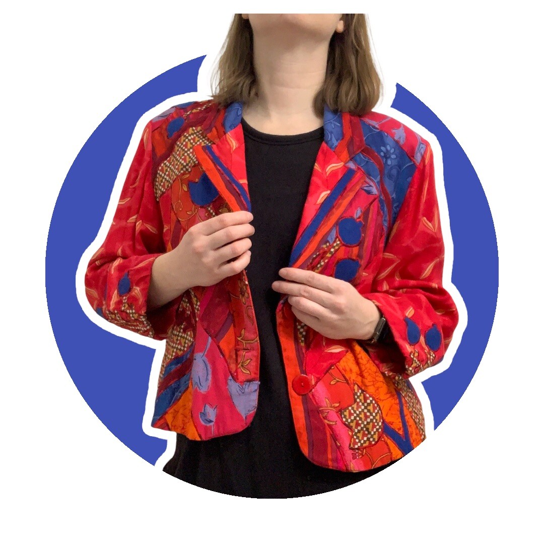 Vintage 90s Womens Large Minnies Closet Crazy Quilt Embroidered Jacket Pop Art
