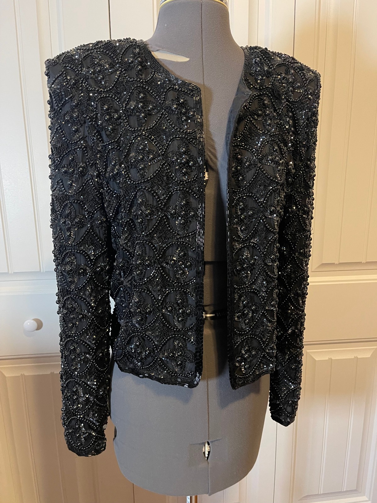 Vintage Nite Line Black Beaded Evening Jacket Sz M
