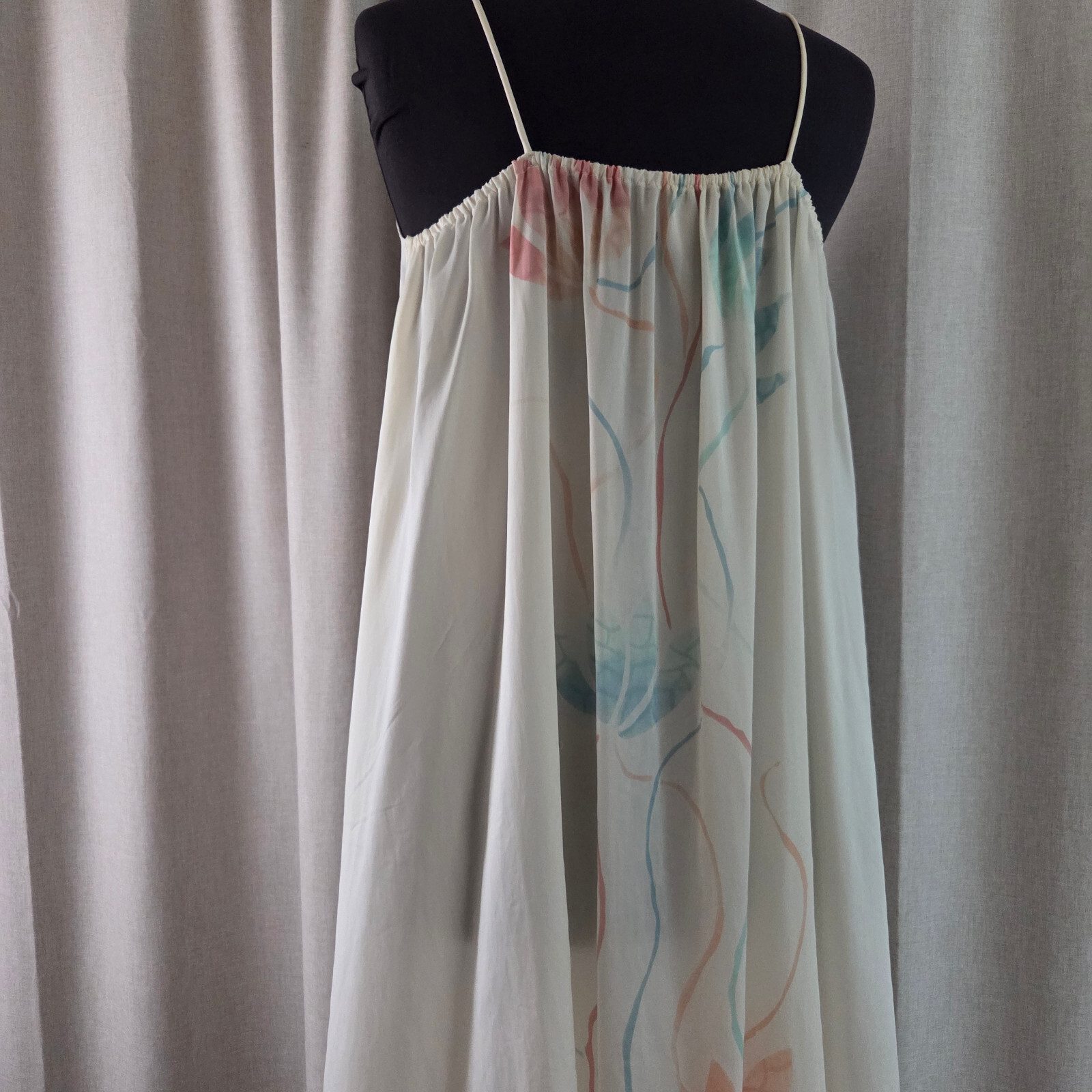 Vintage Mary McFadden S Dress Pastel Floral Lotus Pink Blue on Cream Bow Strap