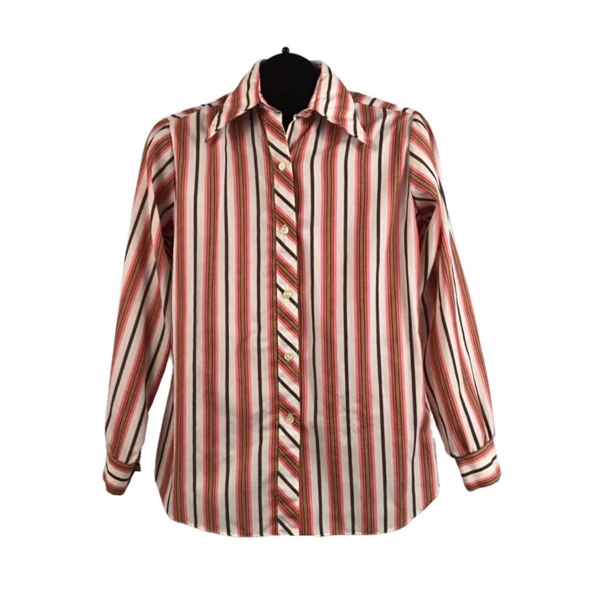 1970s Disco Pink Stripe Blouse Top Dagger Collar / Womens Medium ^