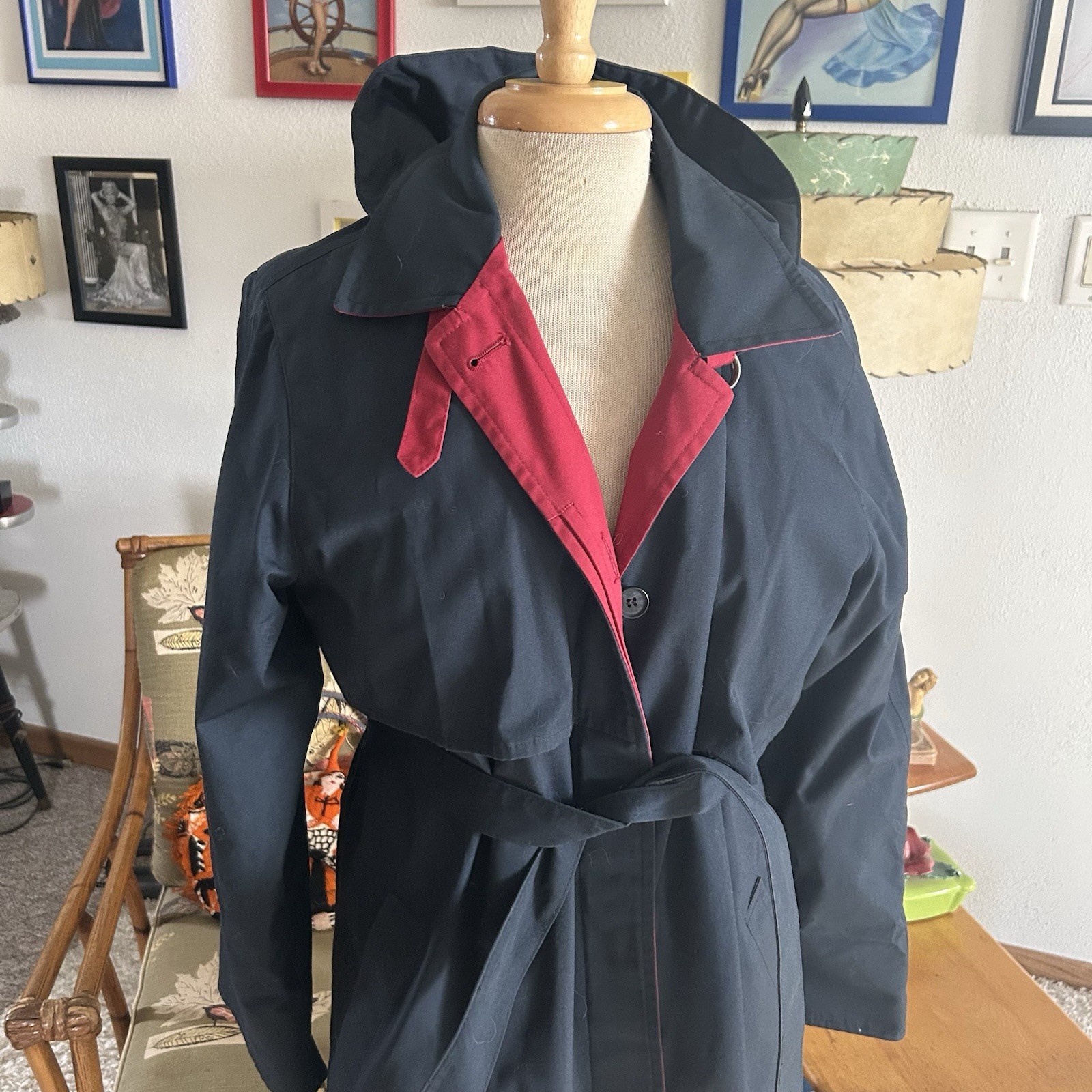 Vintage 1940s style Coat | Navy Blue | Hood | Trench | Belted | M L | 40s | 80s