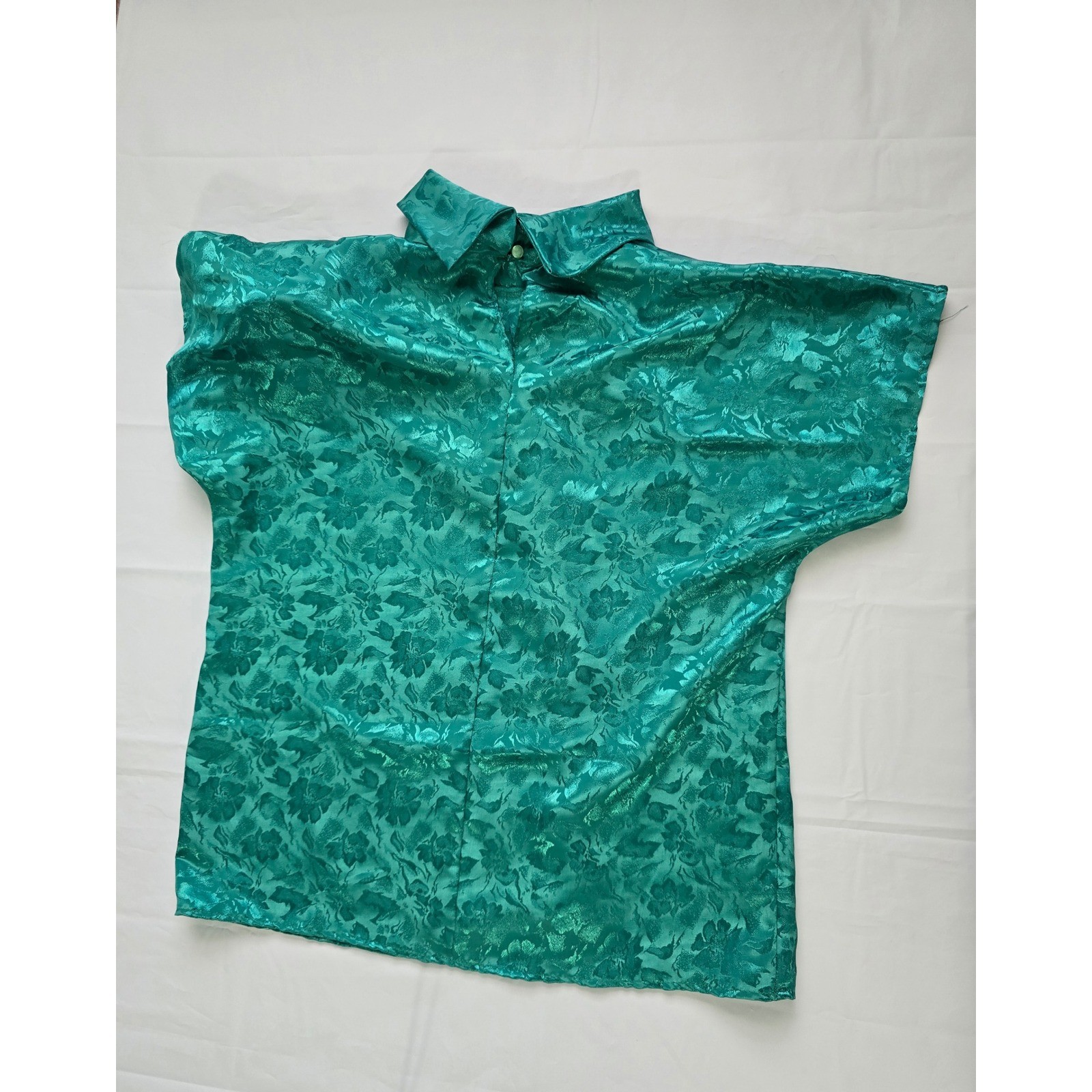 Cindy Collins Vintage Emerald Green Floral Jacquard Mock Neck Blouse Large USA