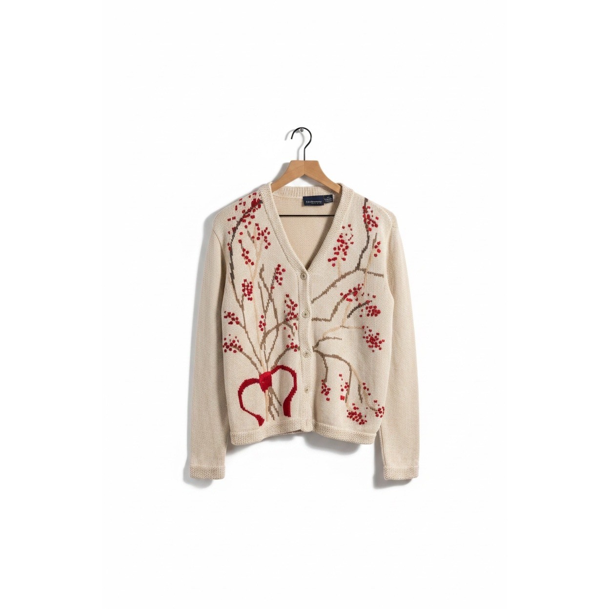 Vintage Liz Claiborne | Cardigan Sweater M Cream Cotton Berry Knit V-Neck Granny